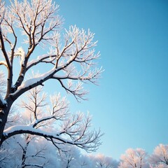 Frosty tree limbs stretch towards the pale blue sky, wintery, trees