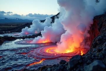Geothermal vents erupt with steam and hot water, vent, steam