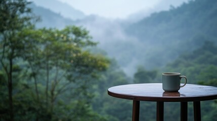 Obraz premium Misty mountain view with coffee cup on wooden table.