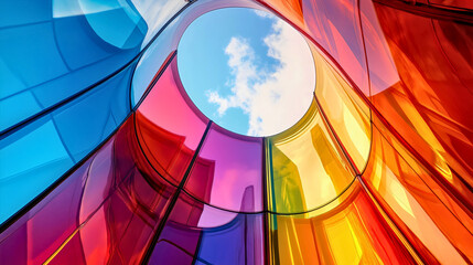 Obraz premium Modern glass building with colorful facade, contemporary office skyscraper architecture, urban tower exterior detail, futuristic corporate structure