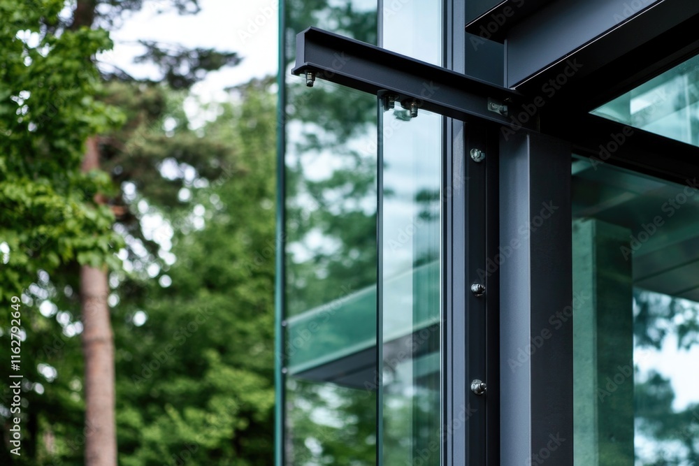 Poster a close-up view of a modern glass building surrounded by trees