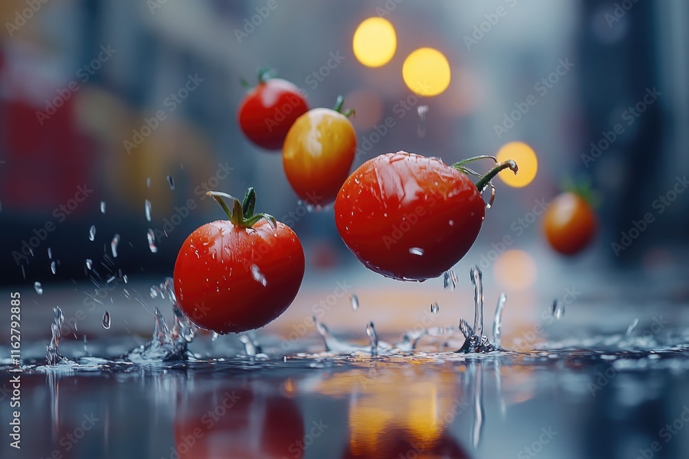 Poster fresh tomatoes splashing into a puddle of water