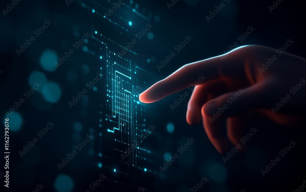 Poster a hand reaching out to interact with a digital interface, showcasing modern technology and innovatio