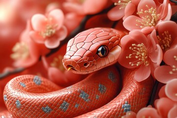 Fototapeta premium A close-up view of a snake surrounded by colorful flowers