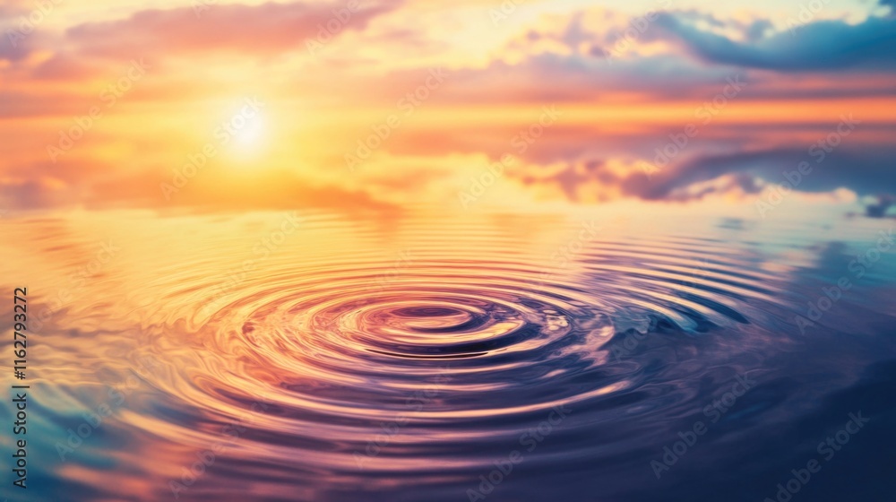 Poster a calm water surface with a ripple and a beautiful sunset in the background
