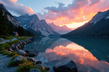 Lac de montagne entour? par des falaises au coucher du soleil, peaceful, serene, water