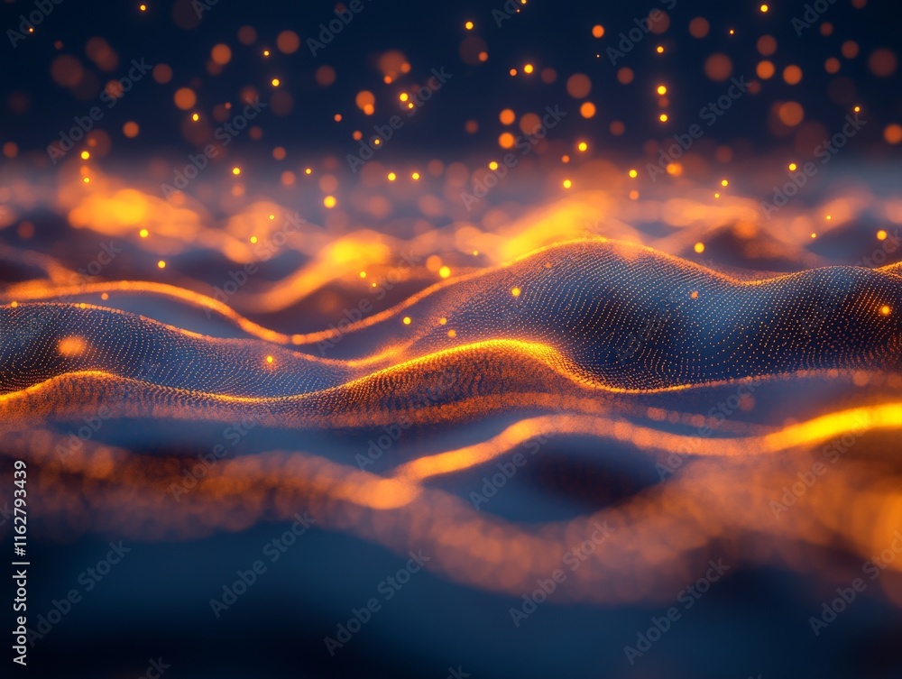 Poster a mesmerizing abstract background featuring glowing waves and particles, representing innovation and
