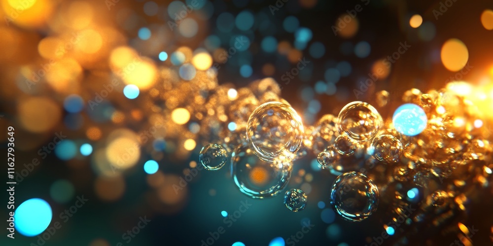 Poster a mesmerizing close-up of bubbles and sparkling light patterns, creating a vibrant and dynamic atmos