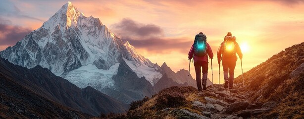 Adventure Activities and Hiking in Majestic Mountain Regions, a realistic photo of two hikers walking along a rugged mountain trail with their gear glowing faintly in neon light.