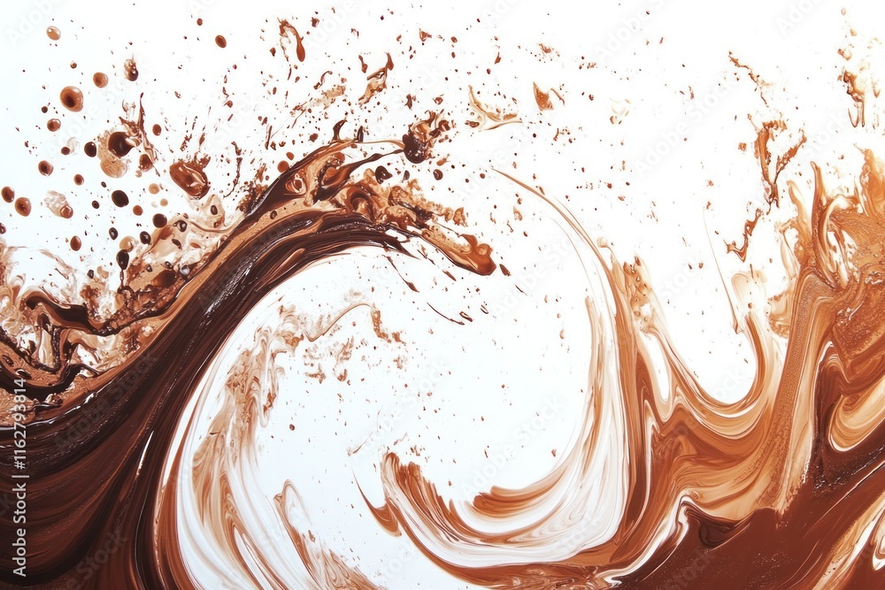 Poster dynamic chocolate swirls with splashes of fluid motion