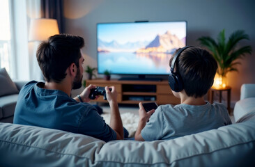 Father and teenage son playing video game while sitting on sofa with wireless remote control in hands and headphones in front of flat screen tv in bright room, rear view. Family vacation