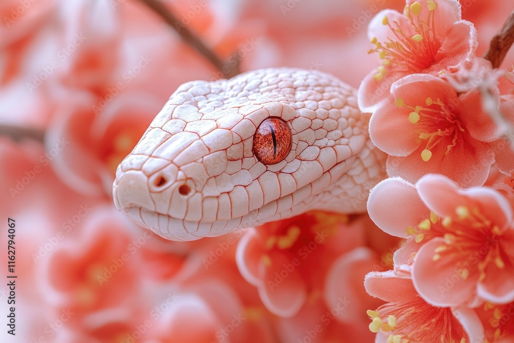 Poster a close-up shot of a snake coiled around the branch of a tree, with leaves and bark visible in the b