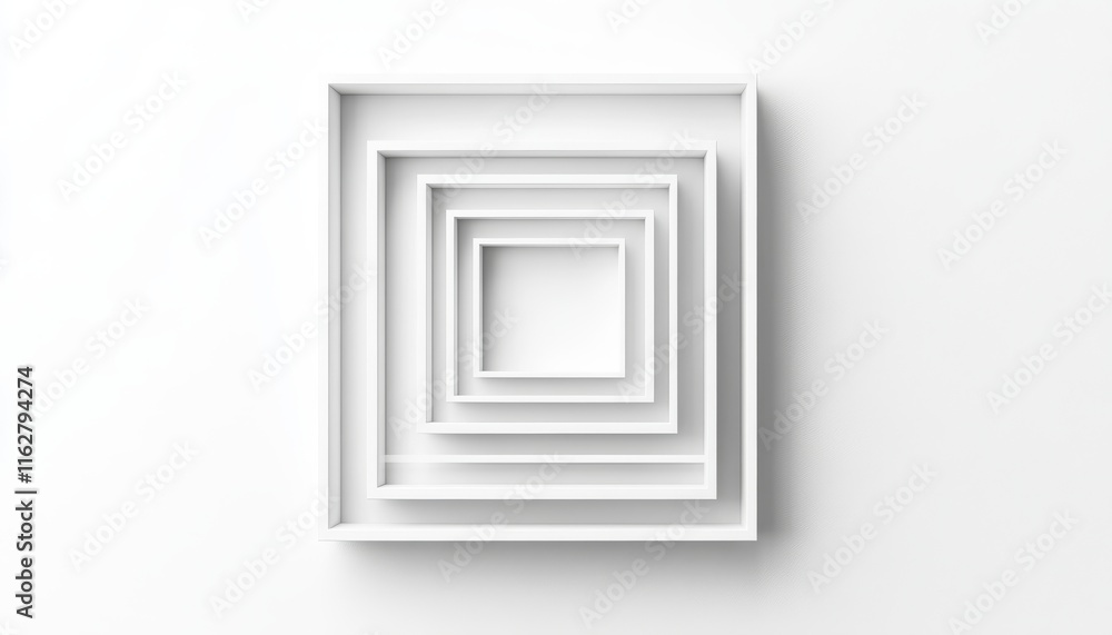 Poster a minimalist abstract design featuring layered white squares creating a sense of depth and modern ae