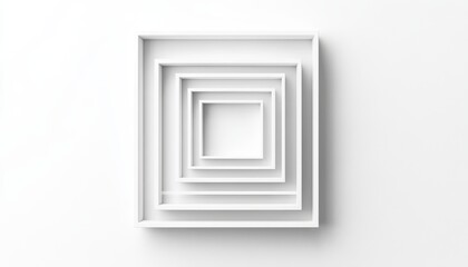 A minimalist abstract design featuring layered white squares creating a sense of depth and modern aesthetics.