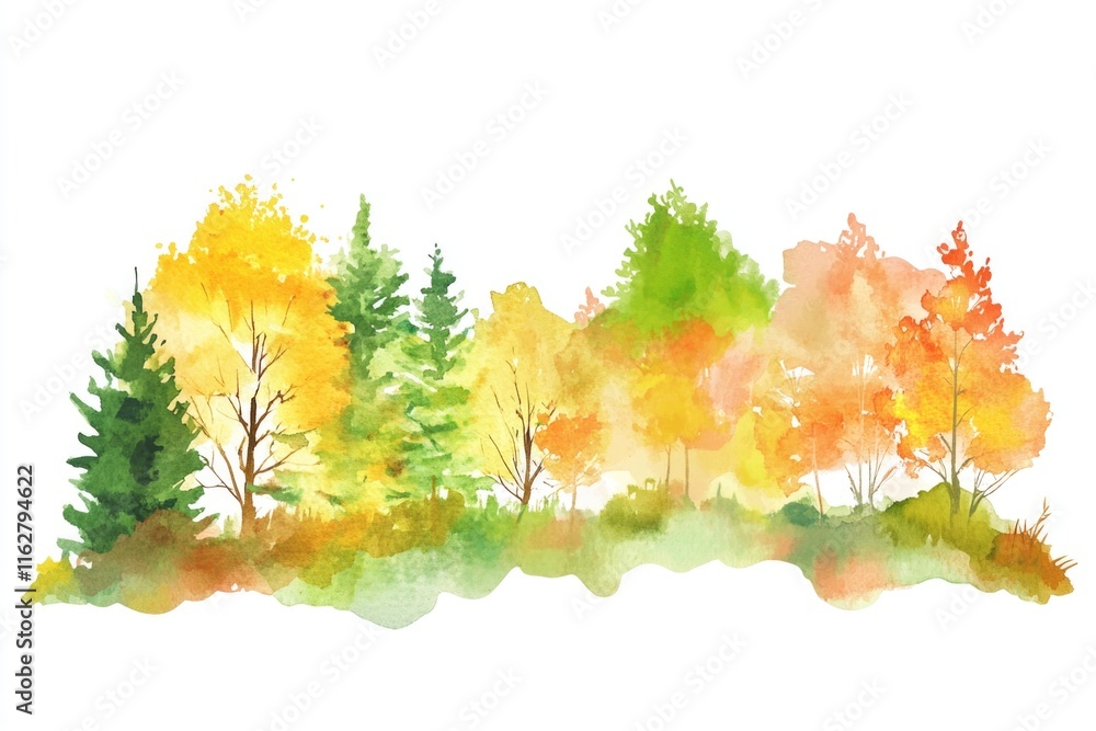 Poster watercolor painting of a row of trees with lush foliage and serene atmosphere, suitable for use in n