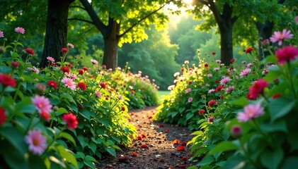 Overgrown garden path leading into dense underbrush, plants, flowers, nature