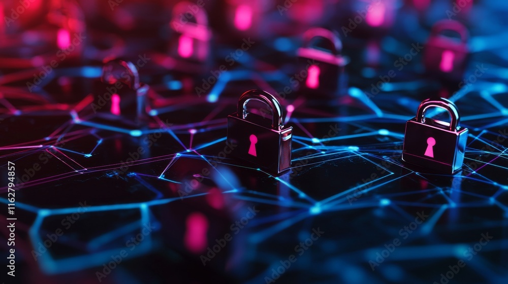 Poster a modern digital landscape featuring multiple security locks, representing cybersecurity and data pr