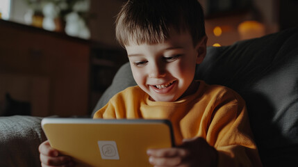 A joyful child with autism engages with a specialized communication app on a tablet while sitting comfortably at home. Generative AI