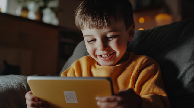 A joyful child with autism engages with a specialized communication app on a tablet while sitting comfortably at home. Generative AI