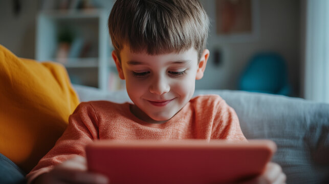 A child with autism engages with a specialized educational app on a tablet while sitting comfortably at home in the afternoon. Generative AI - Powered by Adobe