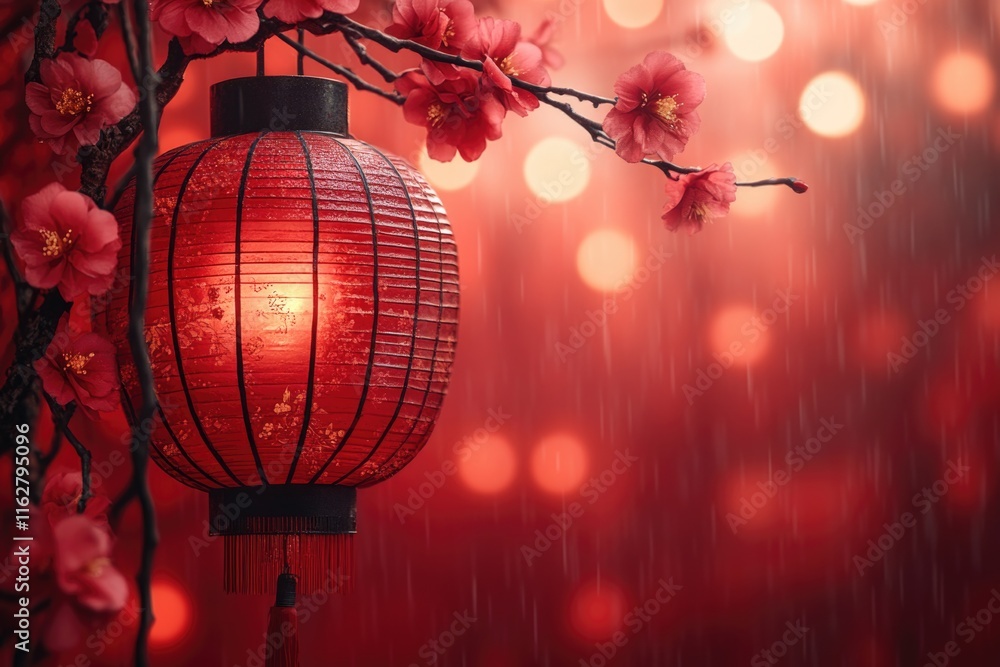 Poster a red lantern suspended in the rain, adding a pop of color to the scene