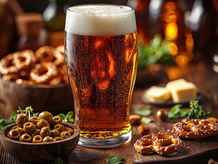 Refreshing Beer with Snacks on Rustic Table