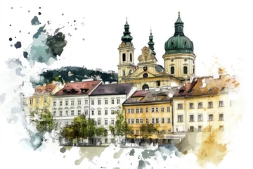 Papier peint photo intissé Watercolor illustration of a city with a clock tower, suitable for travel or urban themed designs