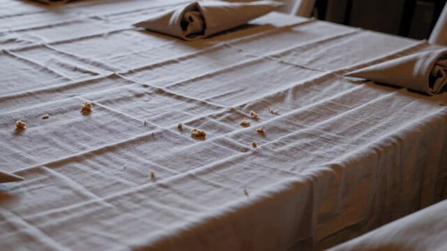 minimalist dining setup featuring scattered chickpeas on a table with white folded napkins and soft lighting, creating a rustic and casual ambiance