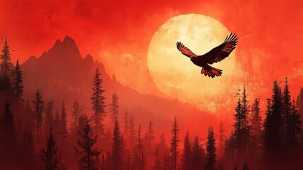 A bold red backdrop with a flying hawk against a mountainous landscape and a clean central space for added elements 