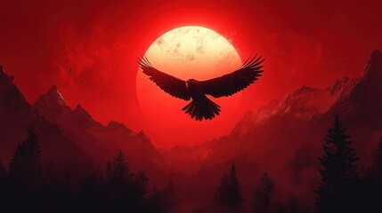 A bold red backdrop with a flying hawk against a mountainous landscape and a clean central space for added elements 
