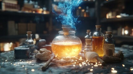 Magic Elixir. Glowing orange potion bottle with blue smoke in apotheca