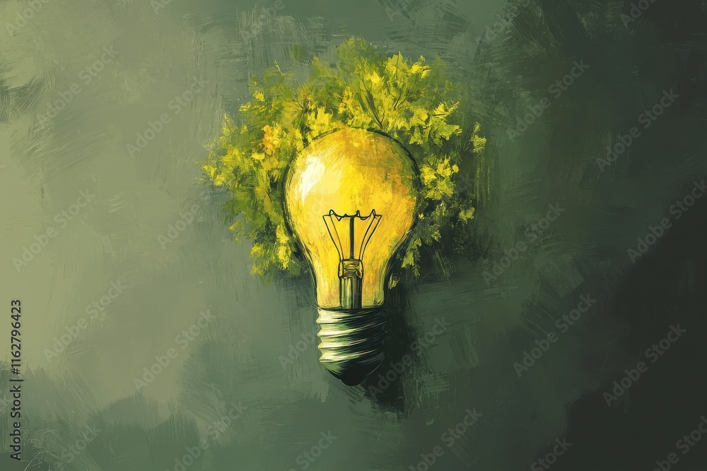 Poster digital painting of a light bulb morphing into a tree with soft strokes on a natural green backgroun