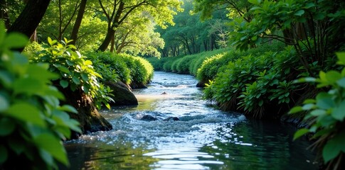 Fototapeta premium River flowing through a dense thicket of bushes, water flow, thicket