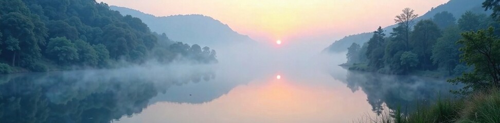 Fototapeta premium River with a layer of mist and foggy atmosphere, landscape, mist
