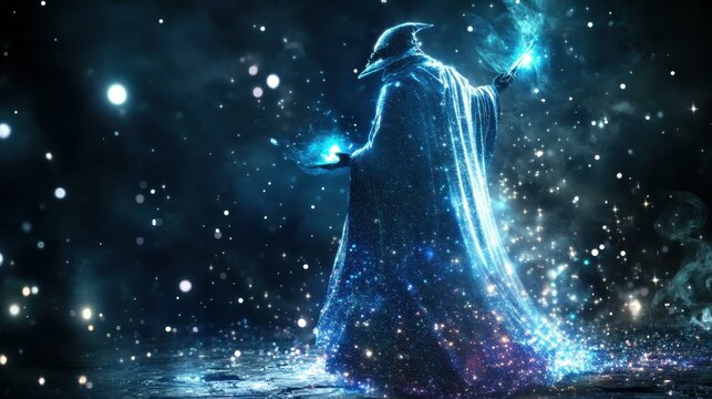 Magical wizard spells wizard's cloak shimmers