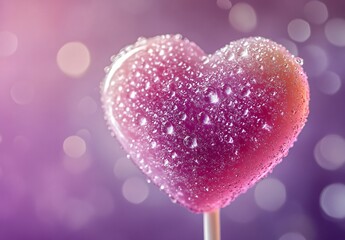 Fototapeta premium Closeup Dewy Pink Heart Lollipop Candy Sweet Treat