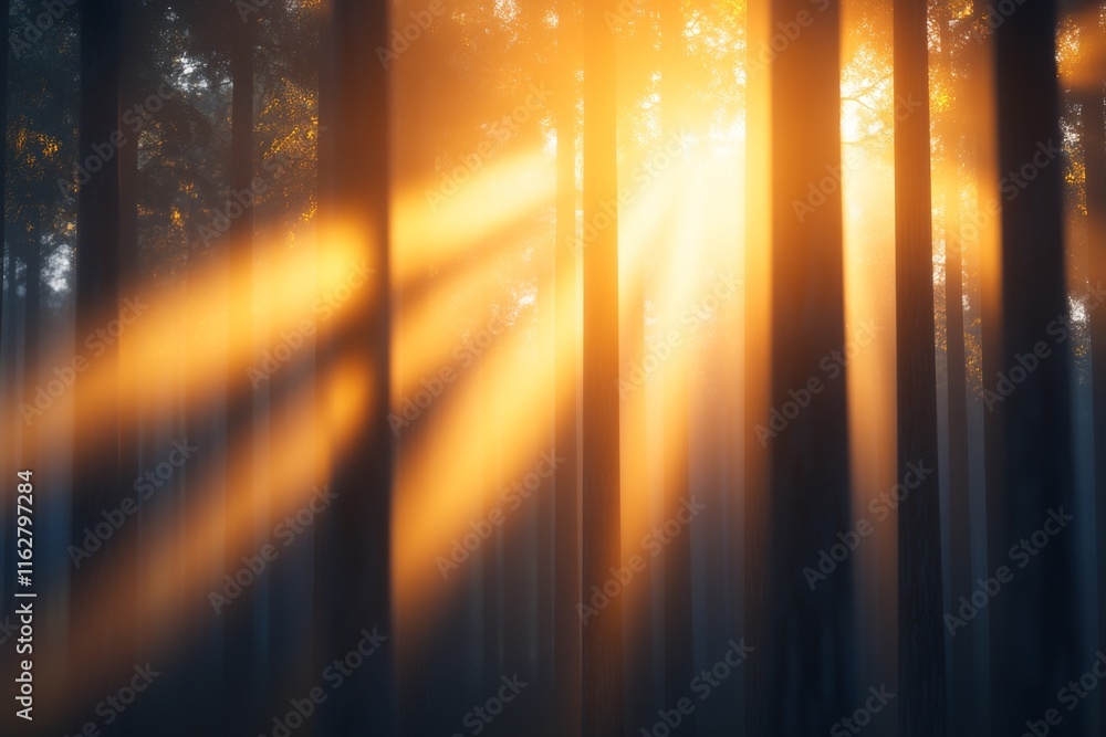 Poster a serene forest scene illuminated by golden sunlight streaming through tall trees, creating a warm a
