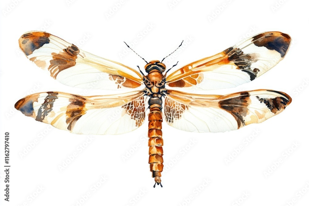 Poster a close-up image of a dragonfly perched on a white surface, with intricate details and textures