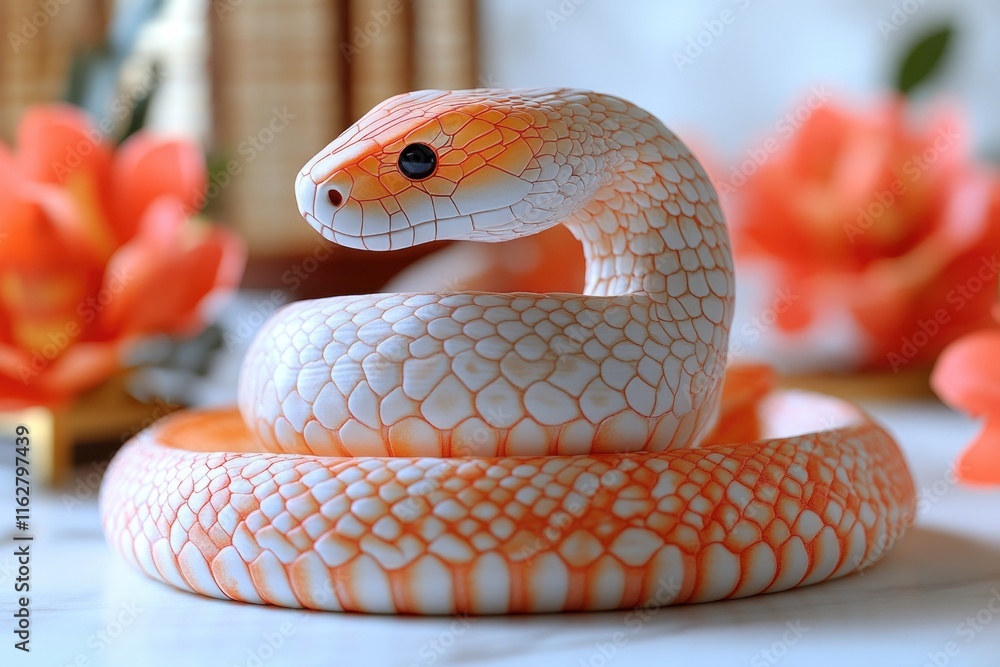 Poster a close-up image of a white and orange snake resting on the edge of a table