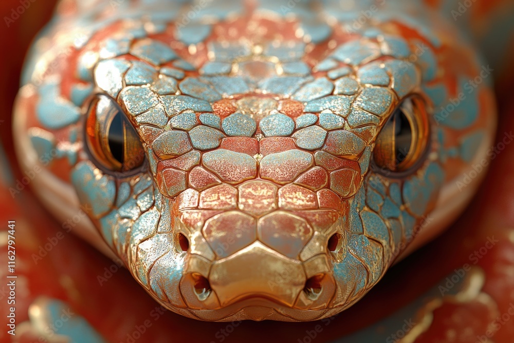 Poster A close-up view of a snake's head on a red surface, perfect for highlighting textures and patterns