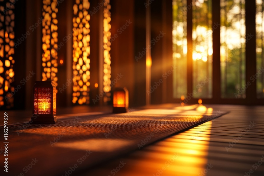 Poster a serene interior scene with warm sunlight illuminating candles and intricate patterns, creating a p