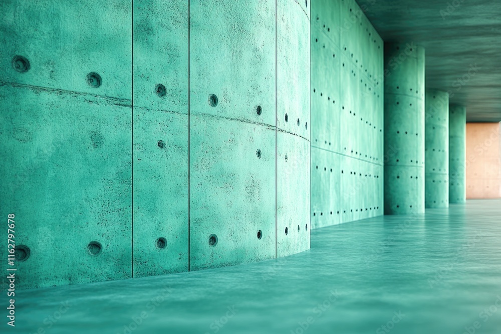 Poster a green wall with circular openings, great for abstract or geometric background uses