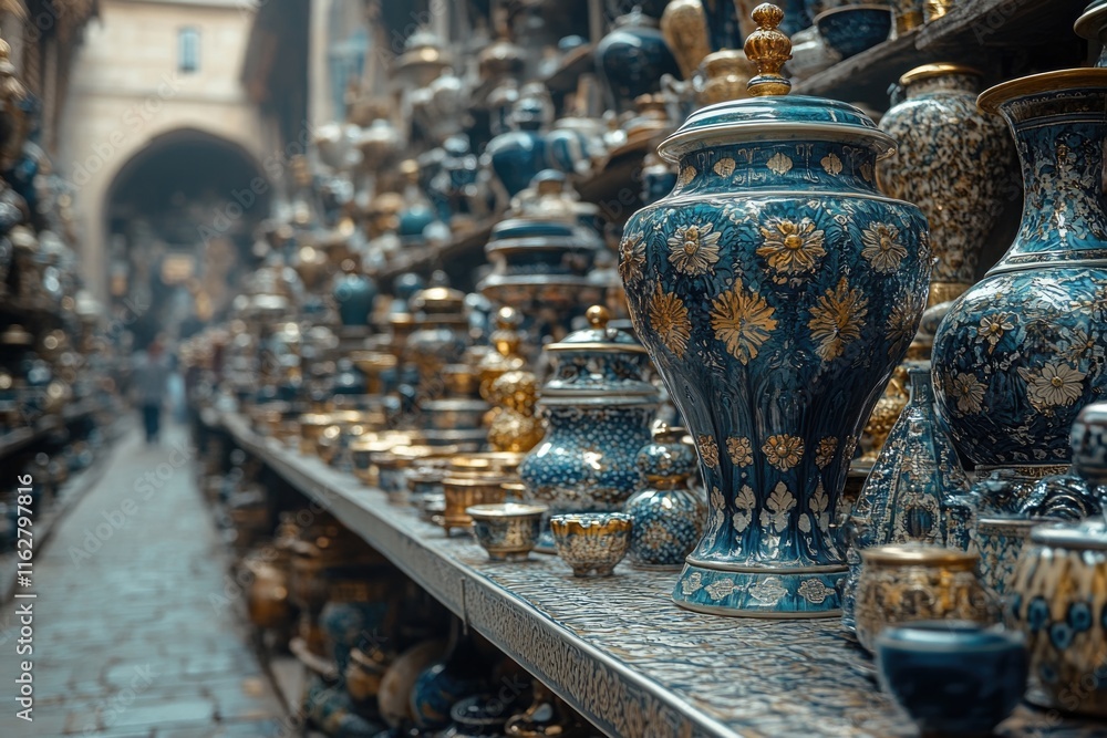 Poster a row of decorative vases on a store shelf, ideal for use in interior design or product photography