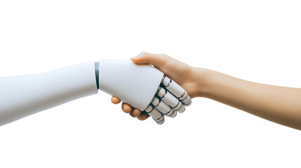 Human cyborg handshake bridging humanity, robotic partnership with artificial intelligence, mechanical arm meeting human touch, futuristic connection through technological innovation isolated
