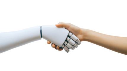 Human cyborg handshake bridging humanity, robotic partnership with artificial intelligence, mechanical arm meeting human touch, futuristic connection through technological innovation isolated