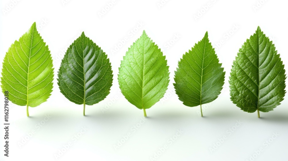 Poster leaf patterns. five green leaves with varying textures and shapes on w