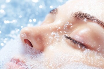 Fototapeta premium A serene moment of relaxation, showcasing a close-up of a face submerged in bubbles, representing tranquility and self-care.
