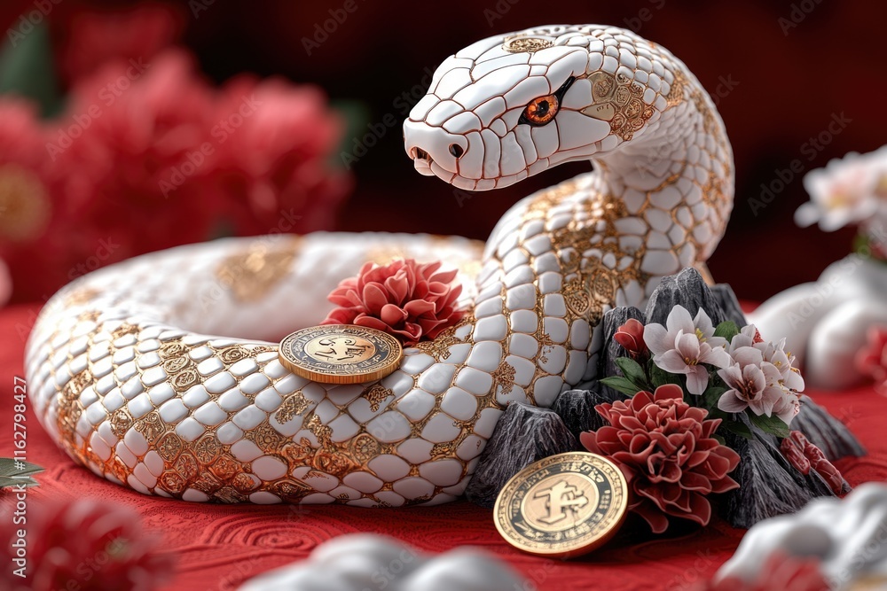 Poster a small snake figurine sits atop a vibrant red table, ready for display or use as a decorative piece