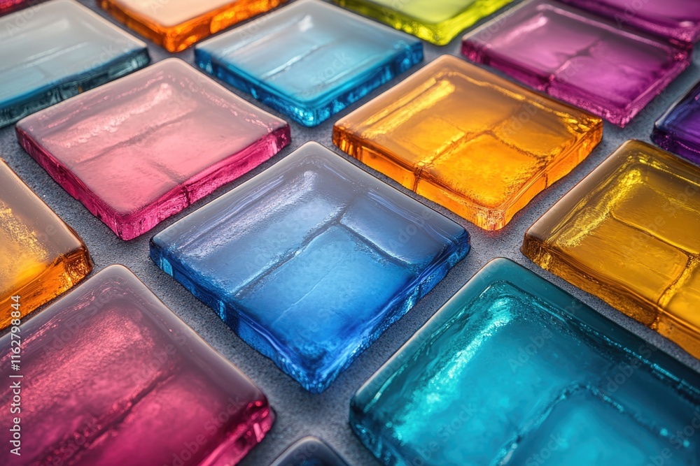 Poster a detailed view of colorful glass blocks arranged on a table