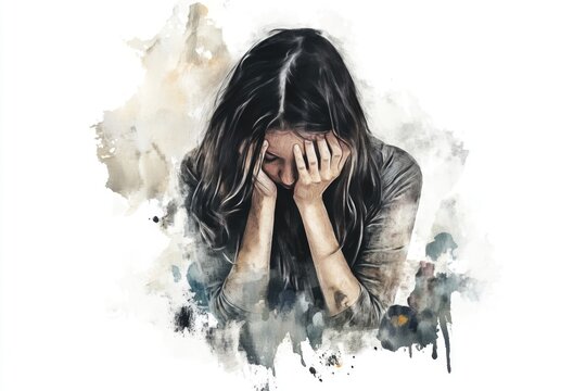 A woman sitting and covering her face with her hands, possibly feeling stressed or overwhelmed